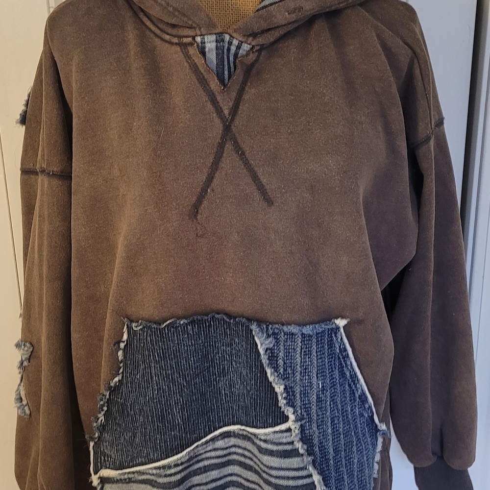 OLI & HALI Hoodie w/Denim Star Patchwork, EUC, S(Overszd), Cute+Comfy🤎🩶💙 - Picture 6 of 16